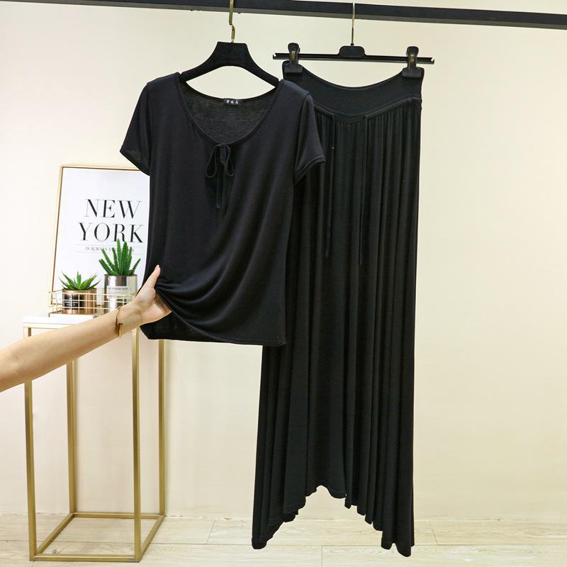 Spring & Summer Modal Tie-Up Round Neck Tee & Drawstring High Waist Long Skirt Set