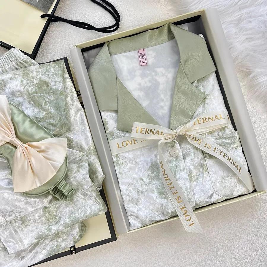 

Пижамные штаны с принтом, комплект из двух предметов, бархатный женский пижамный комплект, нижнее белье, повседневная домашняя одежда из бархата на осень и зиму XL зелёный