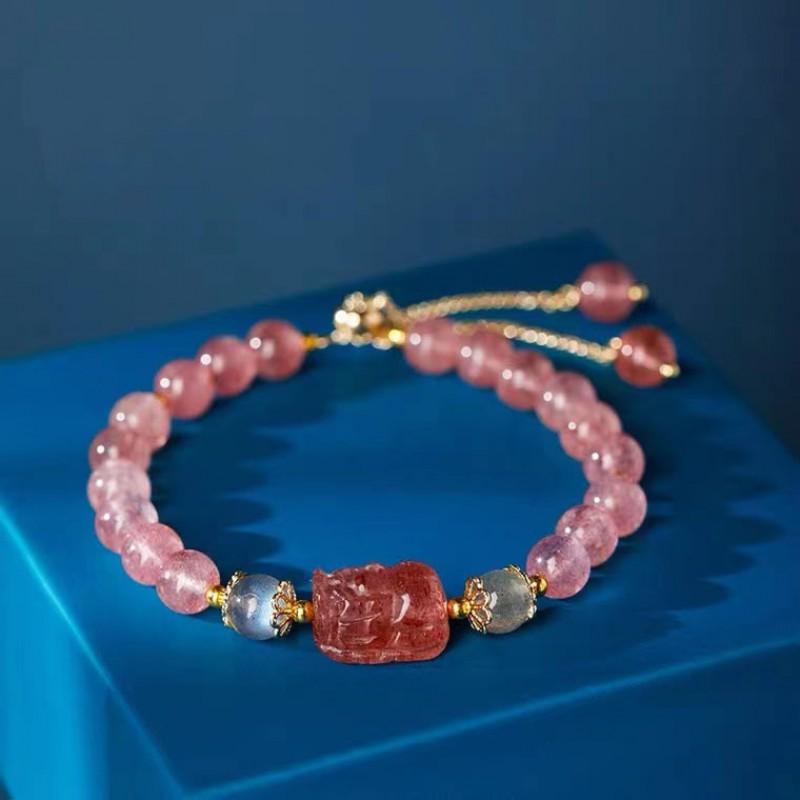 Handmade Crystal Pixiu Bracelet Women Moonlight Forest Style Minimalist Elegant Friendship Gift Strawberry Quartz Crystal Pixiu Bracelet