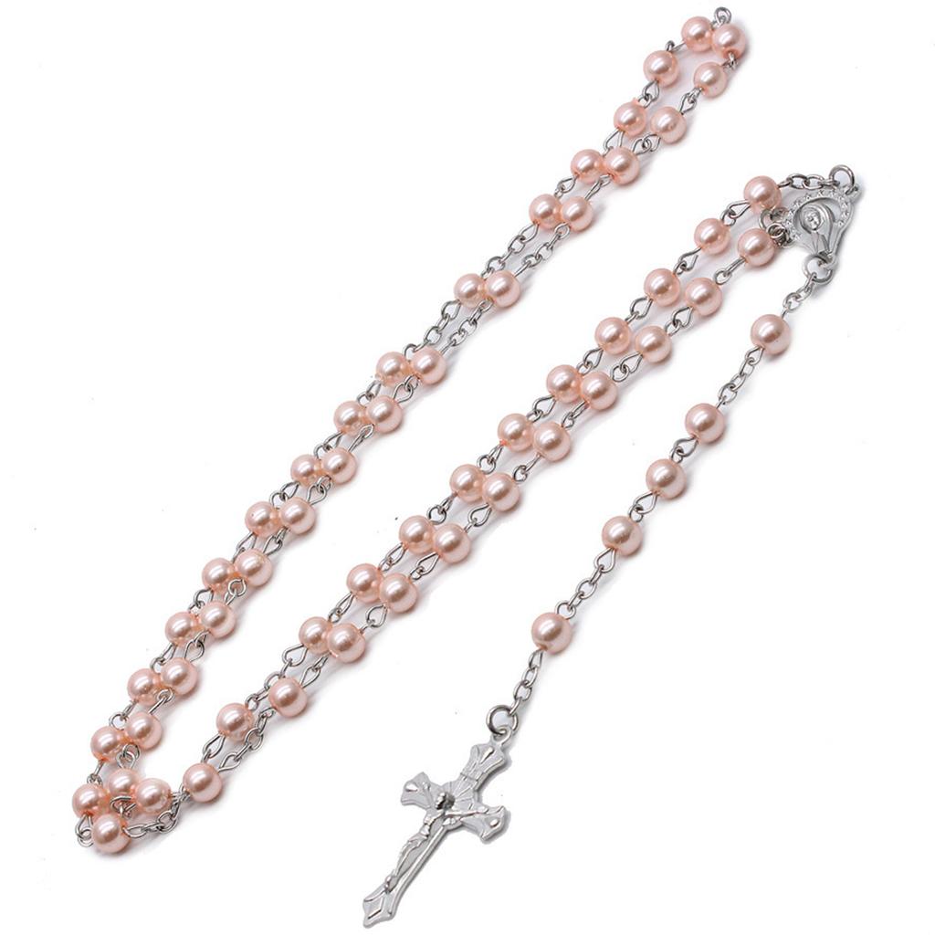 Pink Pearl Cross Rosary Necklaces Bead Hangable Pendant Charm for Women Men Praying Meditation Gift Supplies