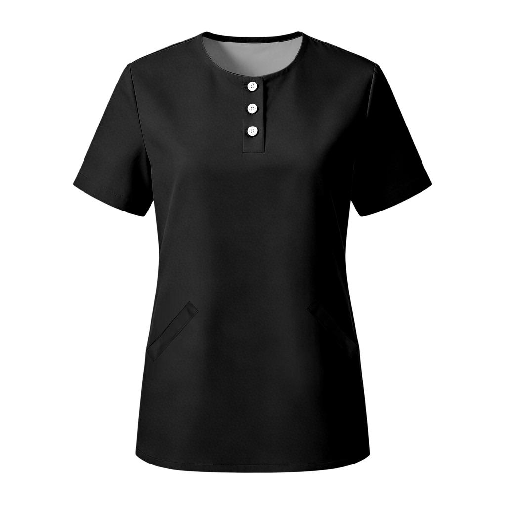 Womens Stretchy Quick Dry V Neck Short Sleeve Top with Pockets Button Front Uniform Blouse for Healthcare Hospitality Service