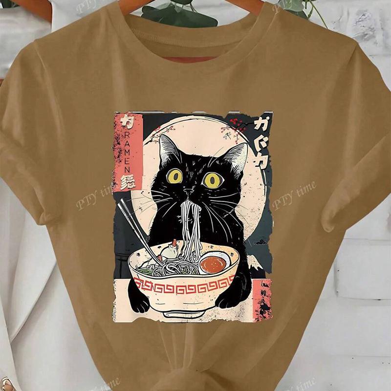 Women Summer T Shirt Kitty Retro Fashion Short Sleeve Tees Casual   Printed  Tops