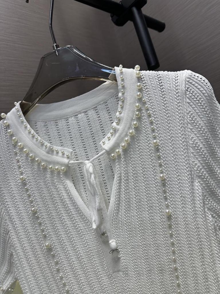 2026 Summer Strappy Knit Short Sleeve Beaded Slimming Top