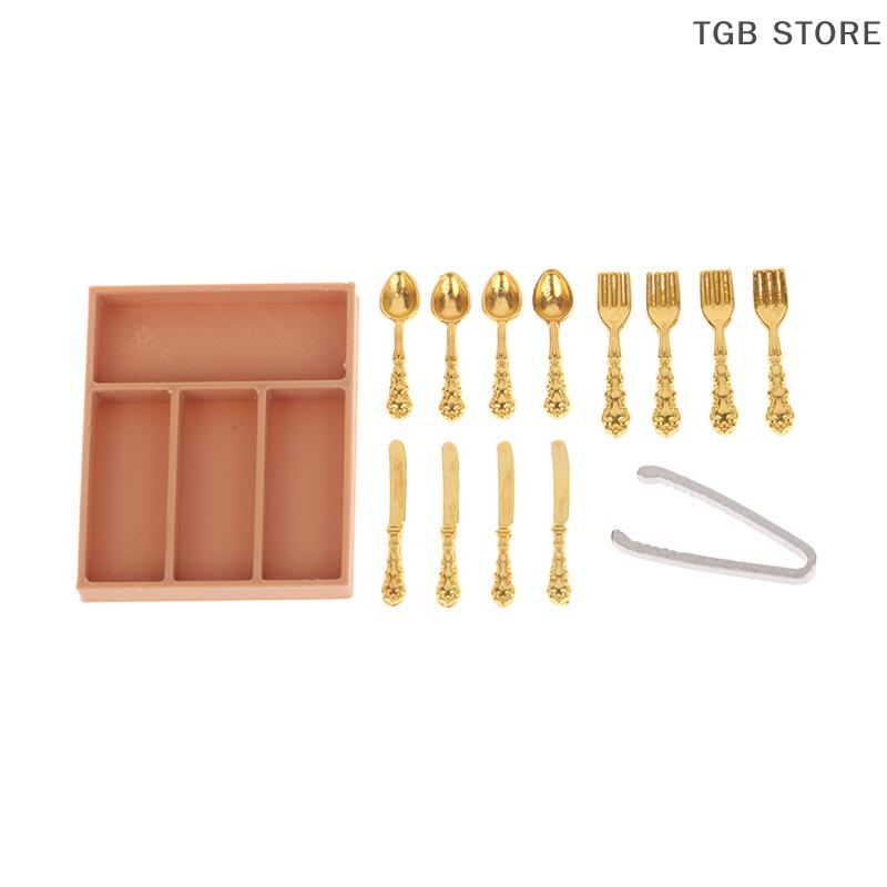 1Set 1:12 Mini Fork Knife Clips Spoon Tableware With Storage Box Dollhouse Decor Accessories