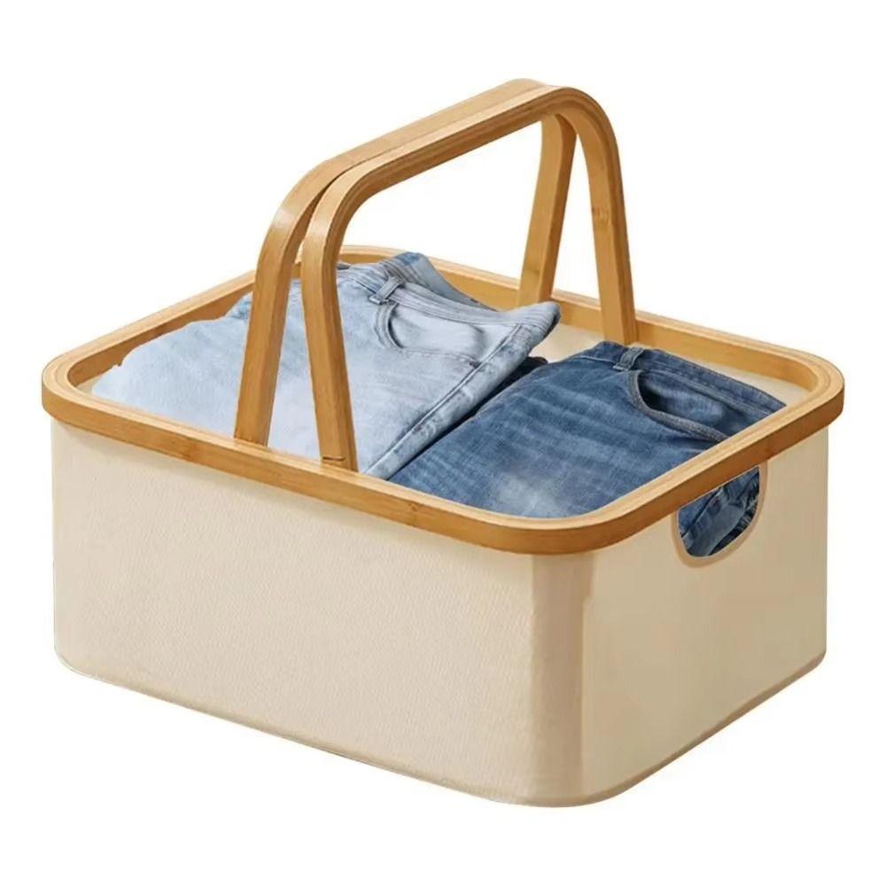 Bamboo Handle Folding Laundry Hamper Oxford Cloth Fabric Storage Bins  Household Use