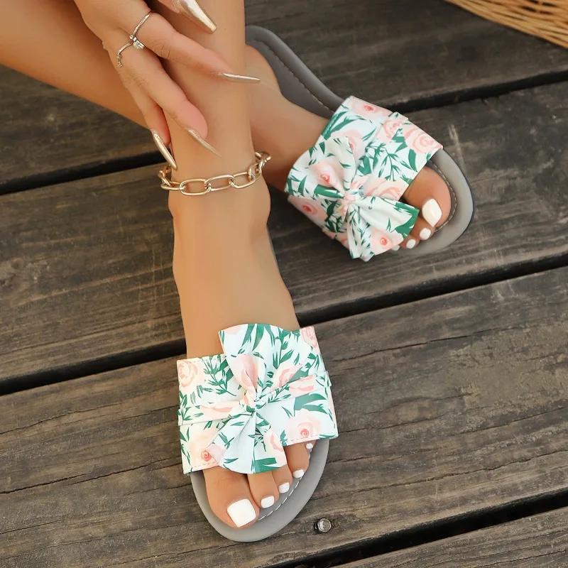 2025 Summer Open Toe Women's Slippers Printing New Outdoor Daily Plus Size Butterfly-knot Soft Bottom Flat Slippers