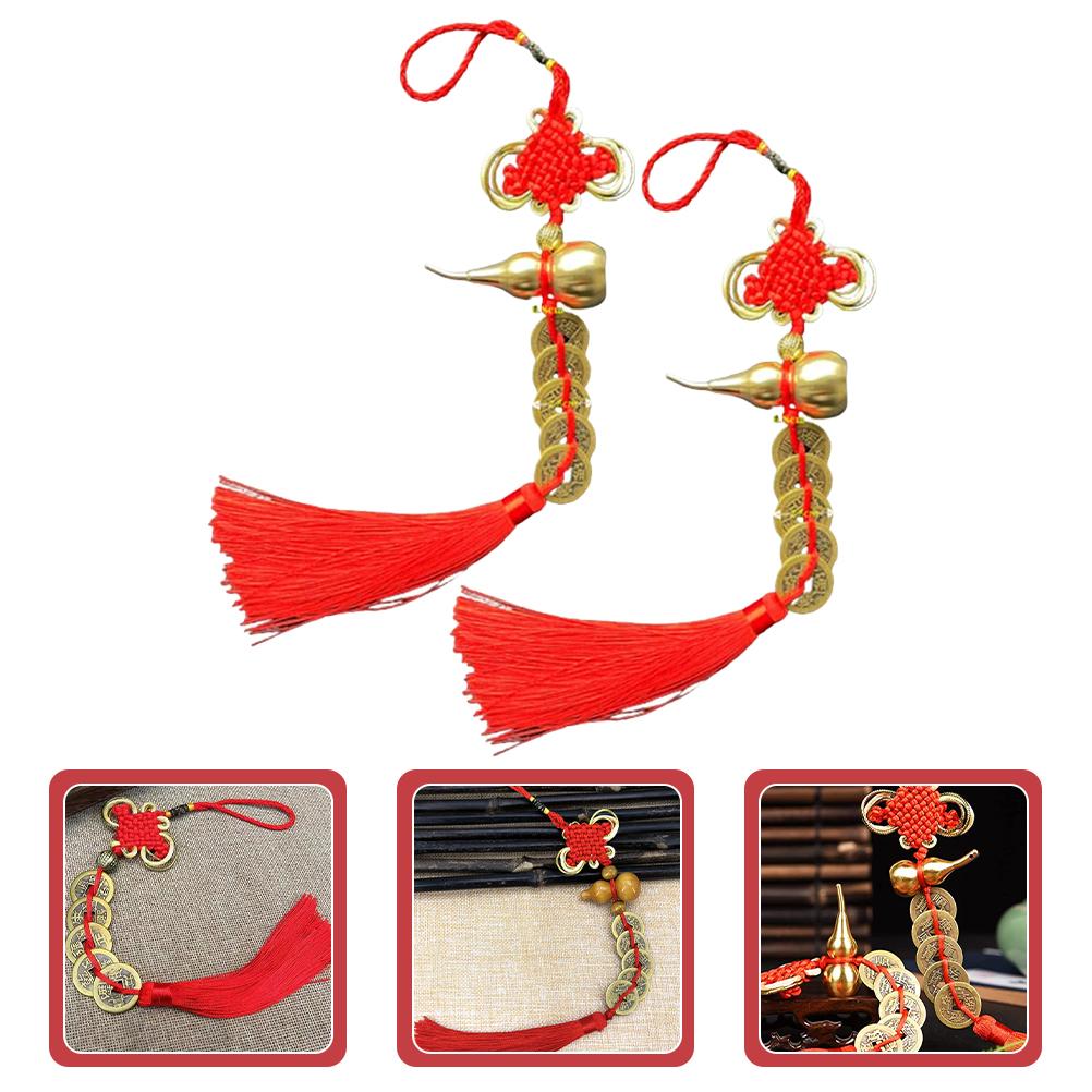 2 Pcs Copper Gourd Decorations Chinese Style Pendant Spring Festival Home Wall Door Hanging New Year Supplies Bonsai Tassel