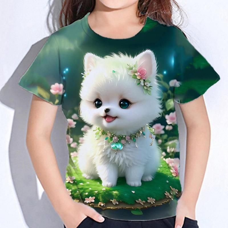 Detské Oblečenie Blúzka pre Dievčatá Kawaii Mačička Krátky Rukáv Tričko Potlač Chlapčenské Oblečenie Polyester Dievčenské Tričko Detské Tričko