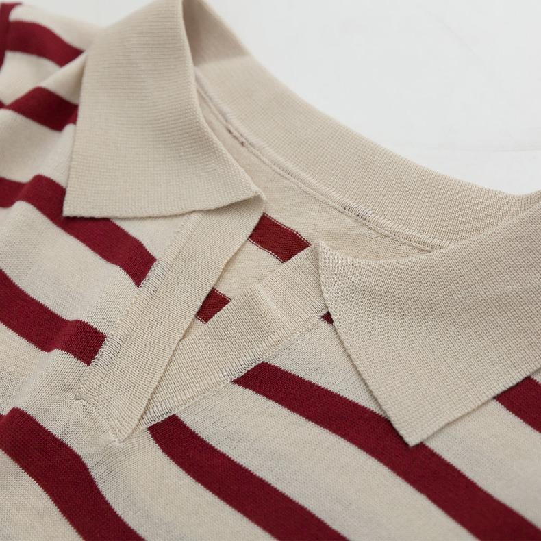 Klasický polo límeček s krátkým rukávem pruhovaný pletený top