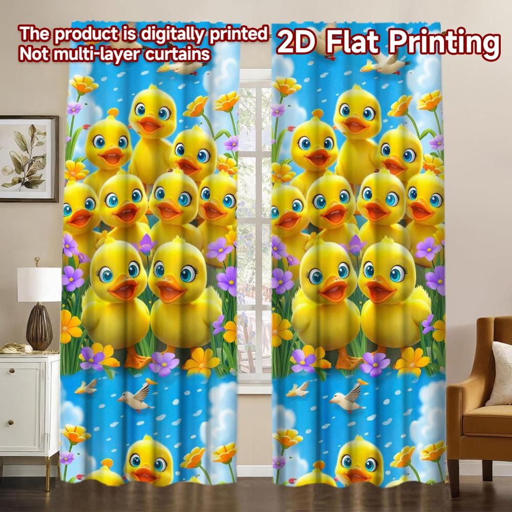 2D FLAT PRINTING 2pcs Curtains (Without Rod) Playful Ducklings and Flowers Modern Contemporary Curtains Semi-Sheer Curtains