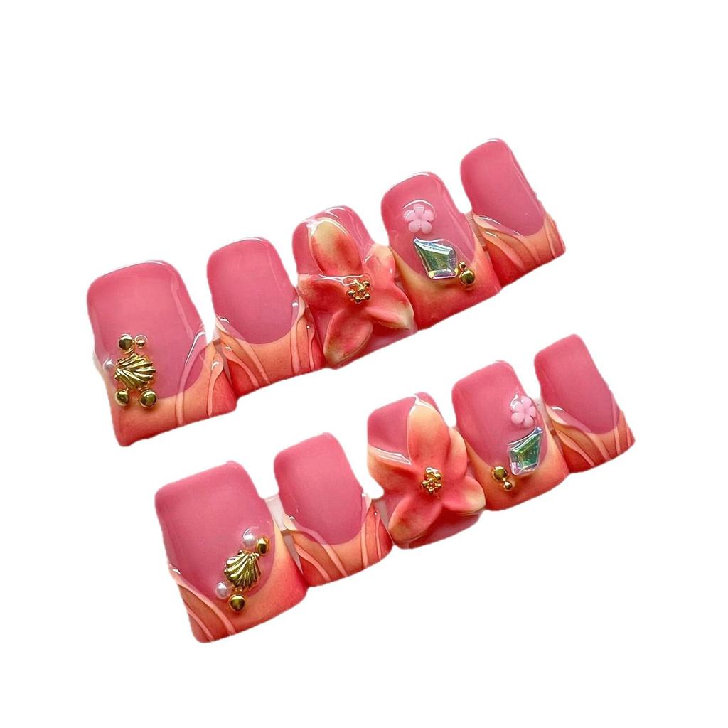 European Style Pink Gradient 3D Flower Nail Tips - Handcrafted Wearable Nails