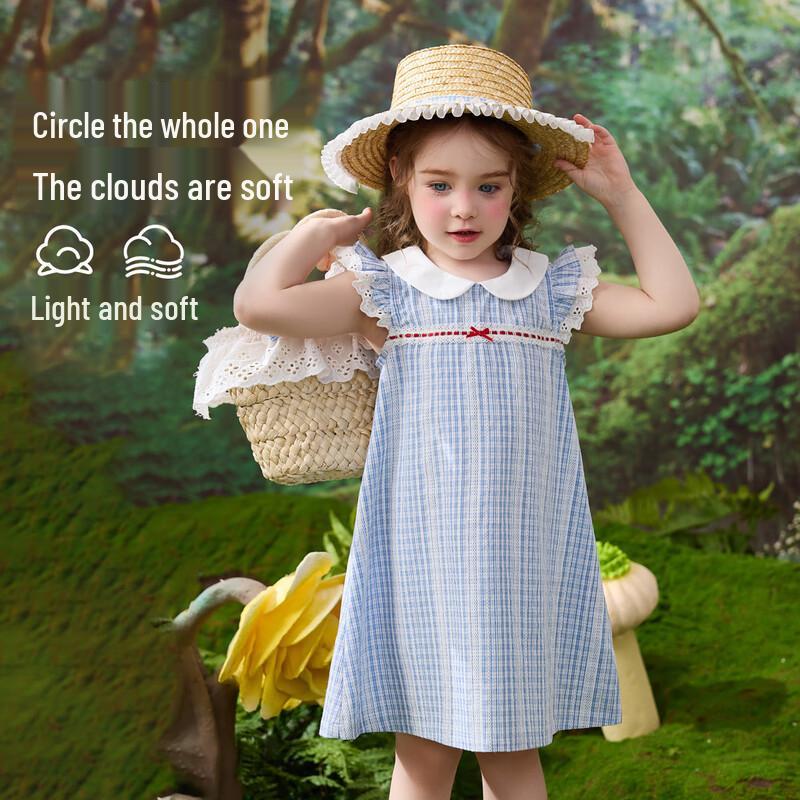 ASK JUNIOR Girls Summer Plaid Flutter Sleeve Doll Collar Dress 130