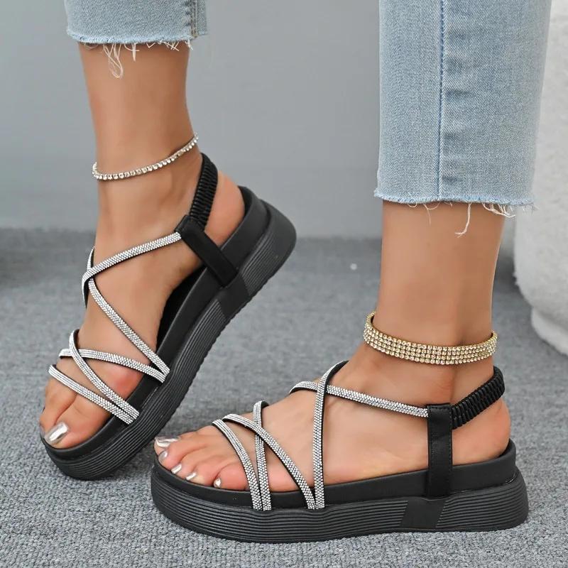 Fashion 2025 Ladies Shoes Elastic Band Women's Sandals FashionOpen Toe Casual Sandals Women Summer Crystal Best Seller Platform Sandals