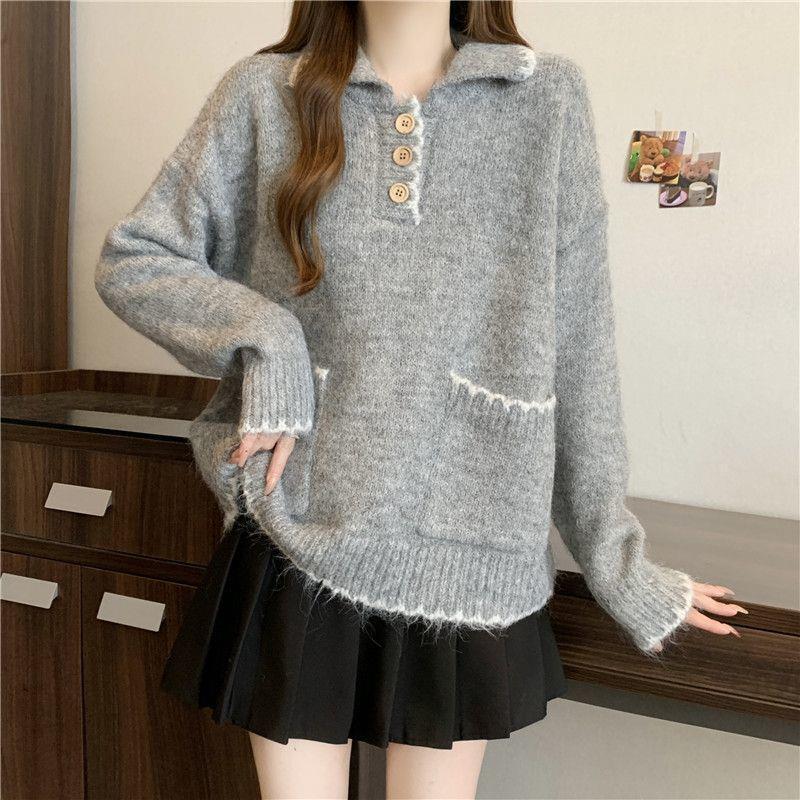

Women s Japanese Retro Colorblock Knit Polo Sweater, Plus Size, Autumn/Winter, Versatile Lazy Style. L (100-115 Jin) сірий колір