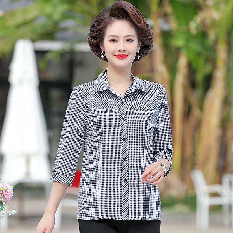 Lightweight Plaid Cotton Blouse for Mature Women, 3/4 Sleeves