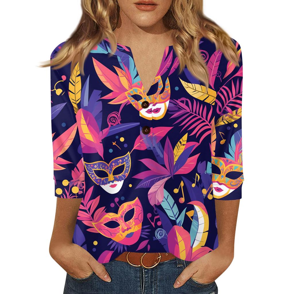 Women's Carnival Printed Fashionable Casual V-neck Button Seven Inch Sleeve T-shirt Top