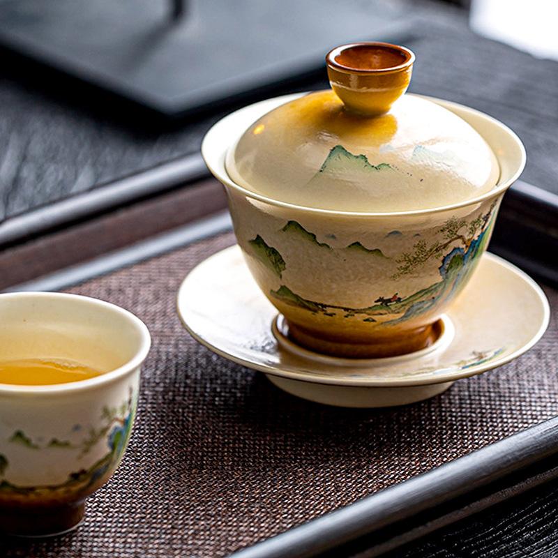 Keramisk tesett Boblekopp Kung Fu Lokkskål Lilla Gaiwan Håndmalt Kinesisk stil Landskapsmaleri Gaiwan Suppeterrin Bar