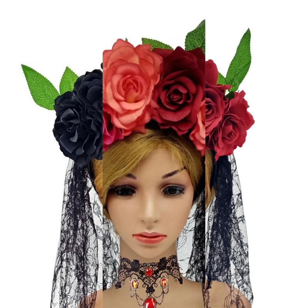 Halloween Headband Wreath Simulated Rose Flower Headband Lace Veil Bridal Party Headband Headband