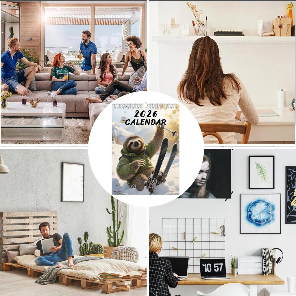 Funny Animal Calendar 2026 Sloth Skiing 12-Month Planner 8.27x11.02in Funny Wall Calendar for Home Workplace Dorm Apartment