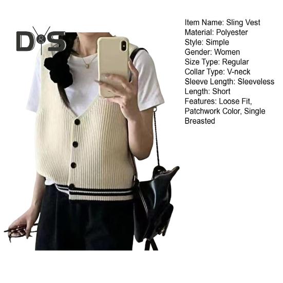 Women Sling Vest Slim Fit V-Neck Sleeveless Top with Striped Pattern Single Breasted Knitted Sweater Daily Wear