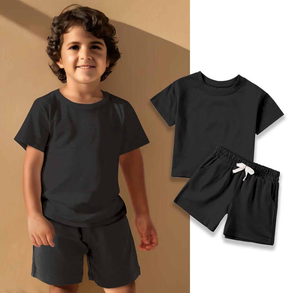 Boys and Girls Cotton Short Sleeve Shorts Solid Color Leisure Set 2025 Summer Children's Fashion Set