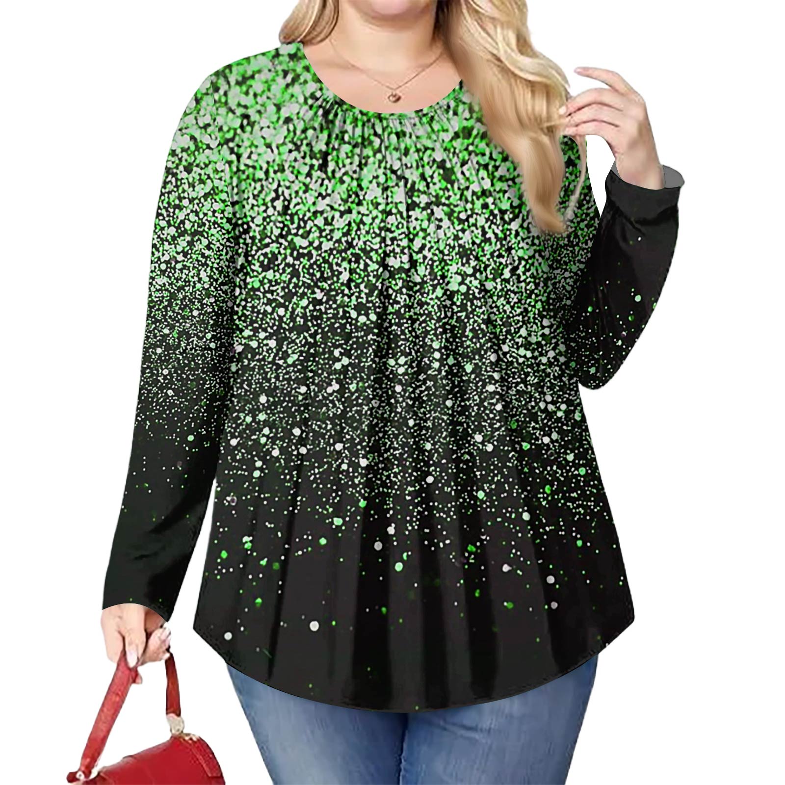 

Женский модный топ большого размера с принтом, повседневный плиссированный, с круглым вырезом и длинными рукавами XXL зелёный