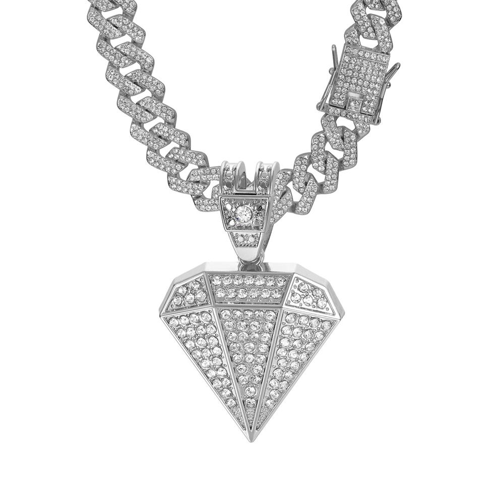 Hip Hop Tapered Pendant Necklace with 14mm Cuban Chain Diamond Shape Pendants Necklaces Fashion Charm Jewelry,For Men And Women