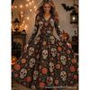 2026 Halloween Womens V-Neck Long Sleeve Maxi Dress With Ghost Pumpkin Witch Print High-Waist Loose Fit Party Gown