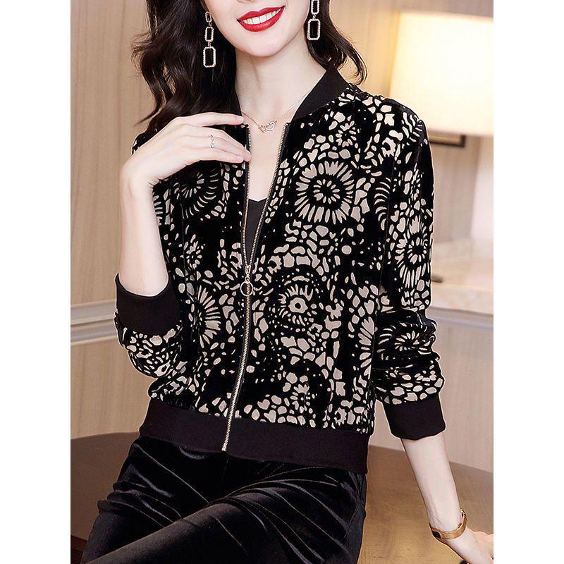 

Women s Golden Velvet Autumn Jacket: Chic Hong Kong Style with Print, Loose Fit Baseball Design 2XL