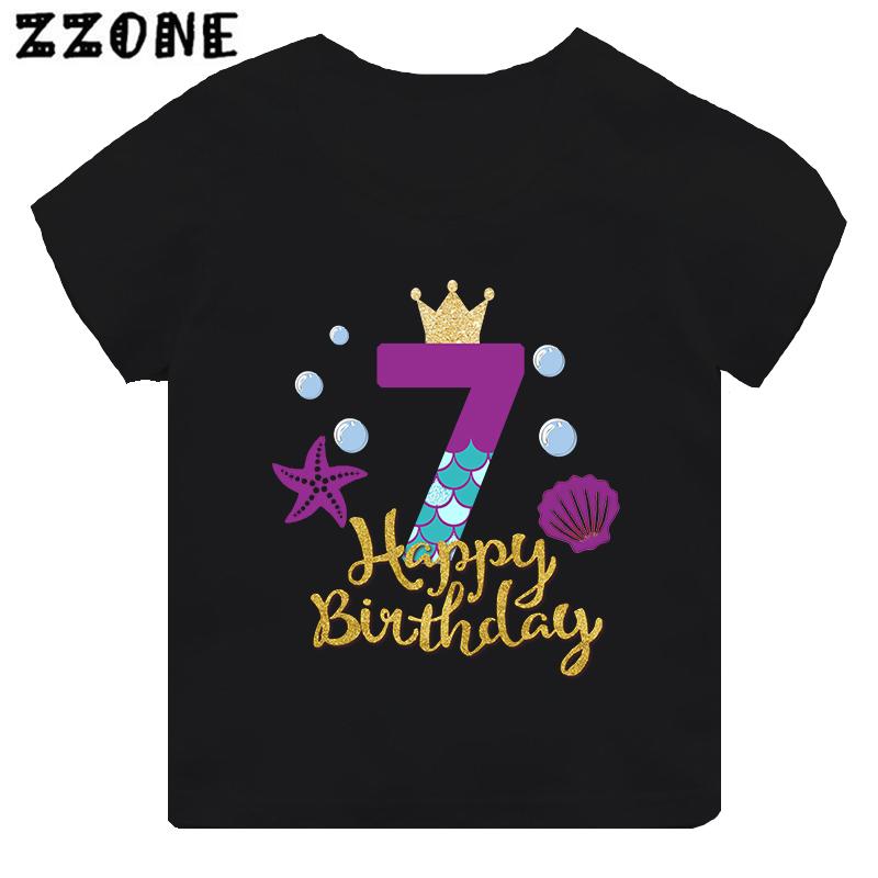 Cute Mermaid Princess Print Girls Clothes 1 2 3 4 5 6 7 8 9 Years Happy Birthday Kids Short Sleeve T Shirt Baby Boys TShirts