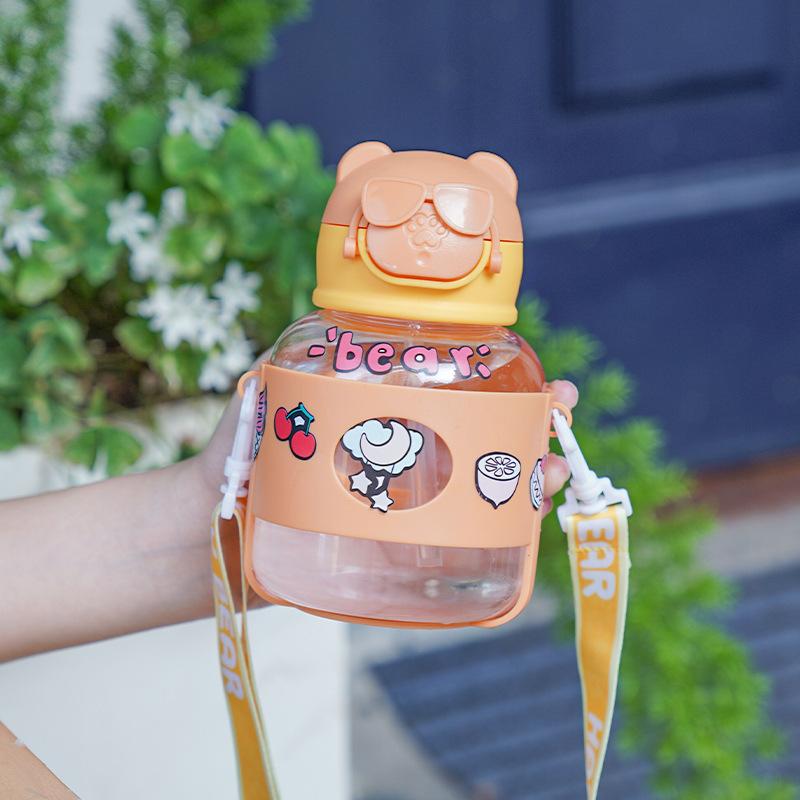 Water bottle high value cartoon plastic cup children portable cute cup strap straw cup [sticker model]