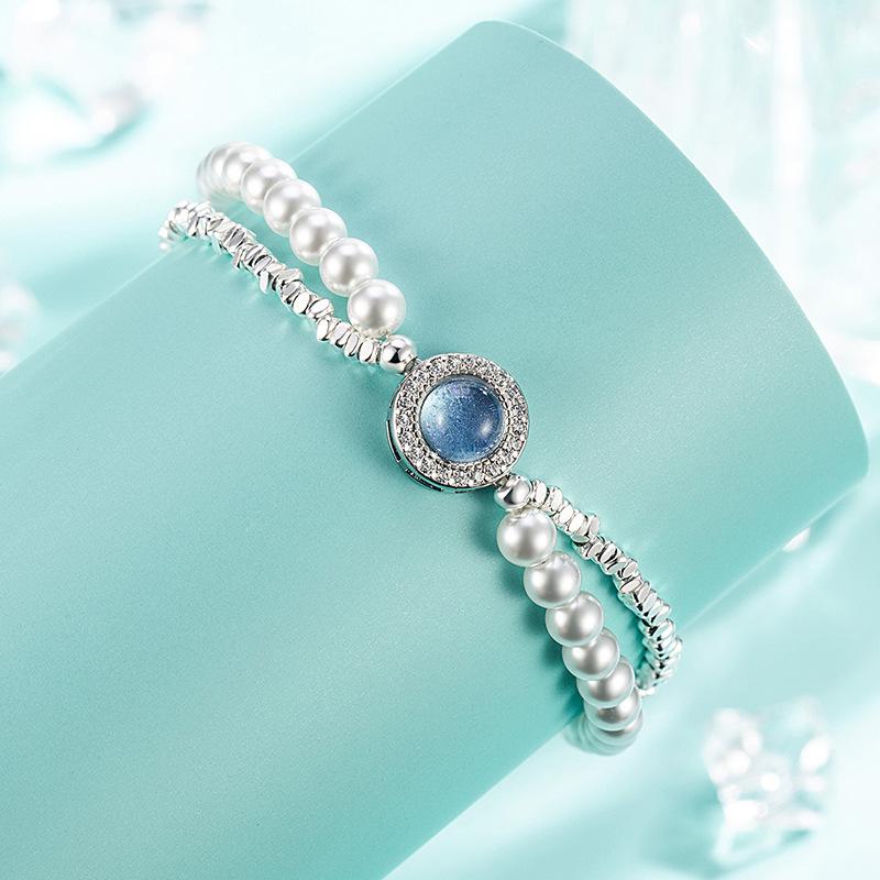 Double Aquamarine Pearl Bracelet Women's Light Luxury Niche Exquisite High-end Versatile Design Bracelet