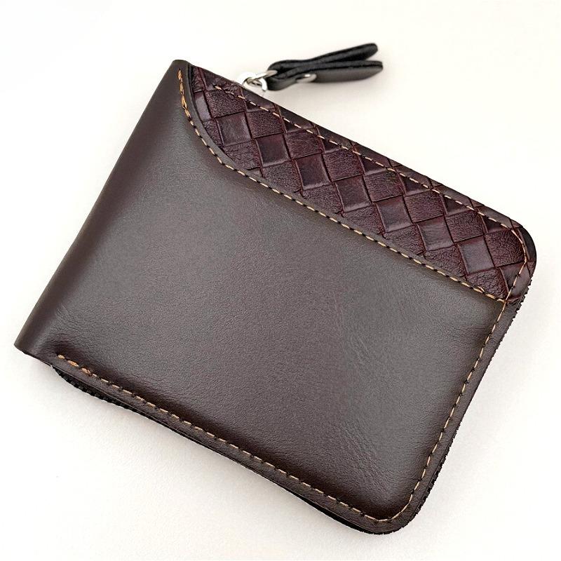 Herren Vintage PU Leder Geldbörse Reißverschluss Dreifach gefaltet Kurze Geldbörse Gewebtes Patchwork Multi Kartenhalter Münzfach Ausweisfenster Lässige Business Geldbörse