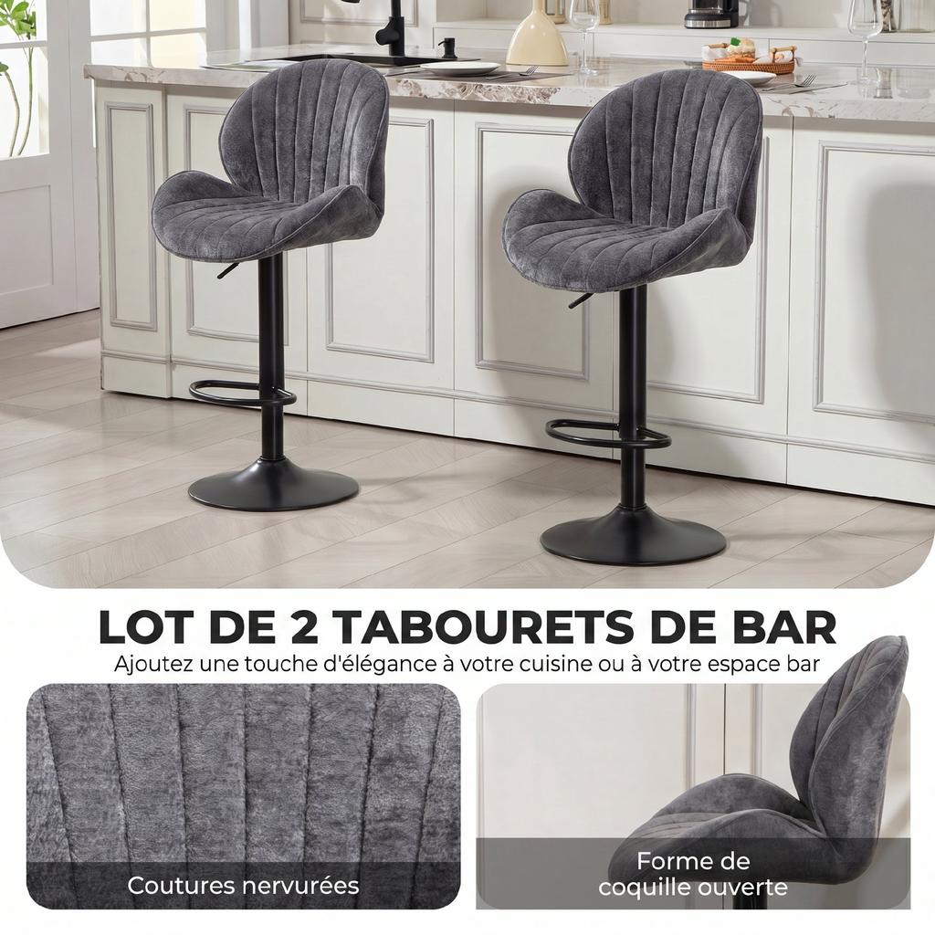 Bar Stools, Set of 2, Adjustable Height, 360 Swivel, Padded Seat, Backrest, Footrest, Grey