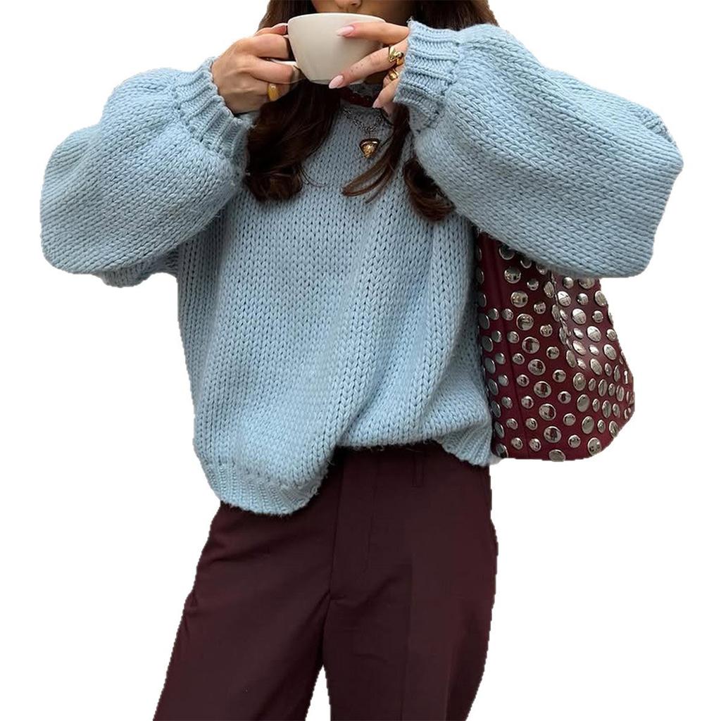 Autumn Winter Loose Lazy Wind Long Sleeve O Neck Sweater Women's Outer Wear Solid Color Pullover Knit Tops