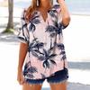 Women's loose printed stand collar short-sleeved cotton and linen top