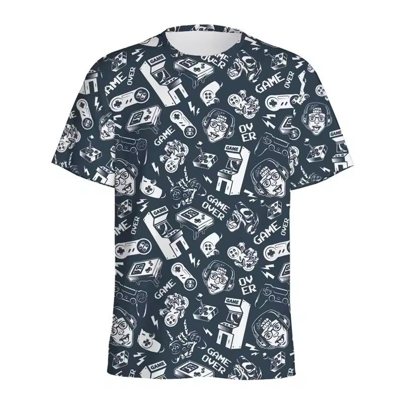 Retro Building Block 3D Printed T Shirt Men Jigsaw Puzzle Video Games Pattern T-Shirt Loose Street Short Sleeves Y2k Tee Shirts