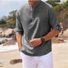 Men Light Blue White Striped Textured Henley Shirt Stand Collar Roll Up Sleeve Casual Top
