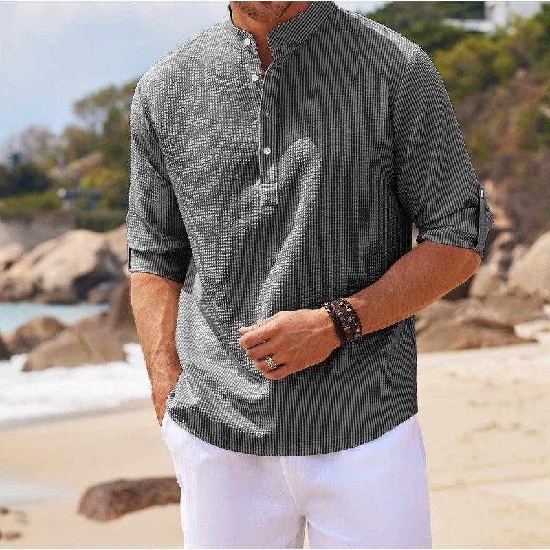 Men Light Blue White Striped Textured Henley Shirt Stand Collar Roll Up Sleeve Casual Top