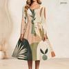 Womens Plus Size Square Neck Long Sleeve Abstract Botanical Printed Belted A Line Dress