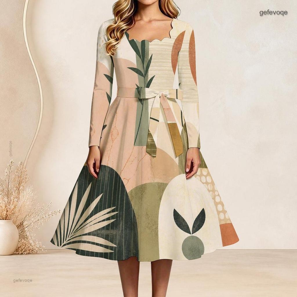 Womens Plus Size Square Neck Long Sleeve Abstract Botanical Printed Belted A Line Dress