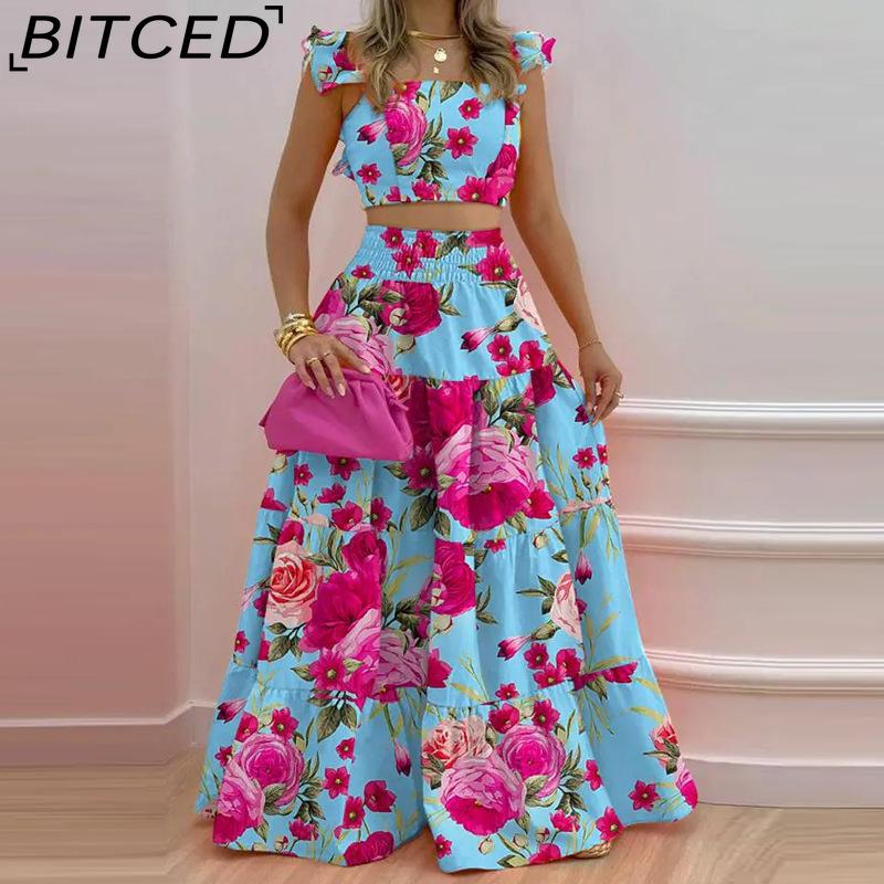 

BITCED Spring Women s Commuter Mid-Waist Trendy Strappy Full-Skirted Fashionable Casual Set XXXL розовый/синий
