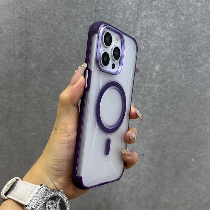

Матовый магнитный чехол для телефона с беспроводной зарядкой для iPhone 16 Plus 15 Pro Max с металлической защитой линз PU+TPU противоударный чехол For iPhone 16
