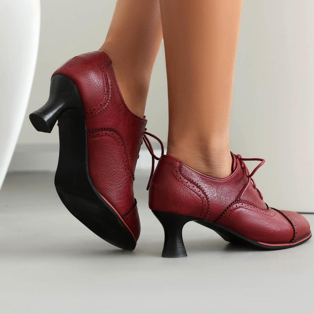 Q/Damen-Einzelschuhe mit hohem Absatz, Retro-Stil im britischen Stil, einfarbig, große Schnür-Low-Top-Schuhe