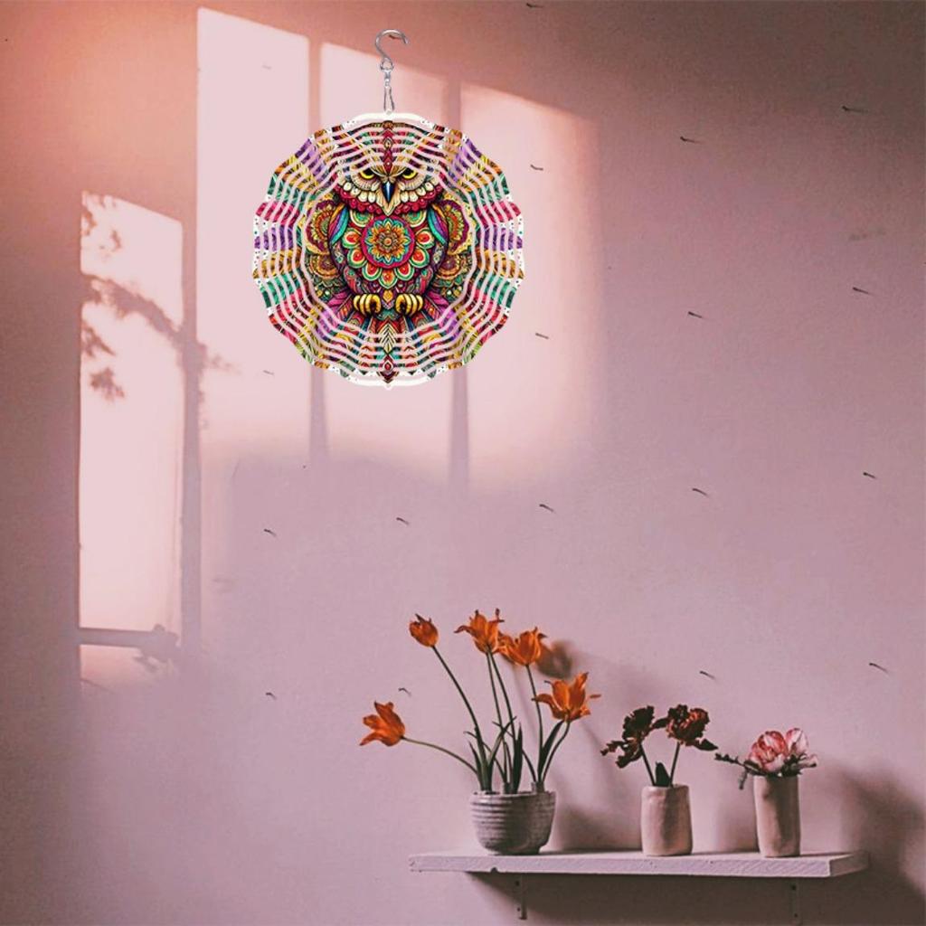 Colorful Mandala Owl Wind Chime for Outdoor Garden Patio Decor Weatherproof 2D Rotating Hanging Art with 360 Degree Hook Holiday Gift