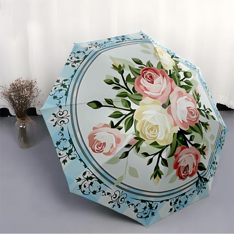 1pc Roses Floral Pattern Automatic Folding Umbrella - 8-Rib Durable Iron Frame, Compact Portable for Daily Travel Yy251205075