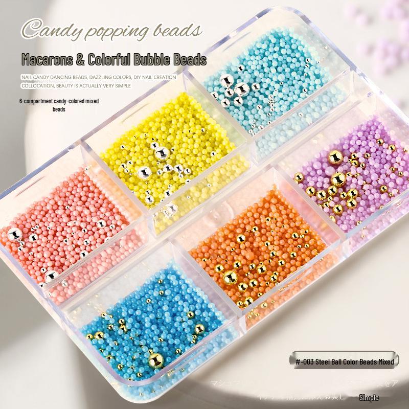 

Nail Art Macaron Bead Set: Colorful Bubbles, Mixed Sizes, Round Steel Beads, 6-Grid Nail Decoration