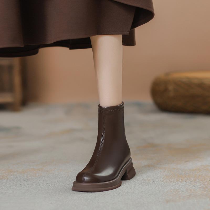 Brown Women's Spring and Autumn Versatile Martin Boots British Elastic Boots Platform Short Boots