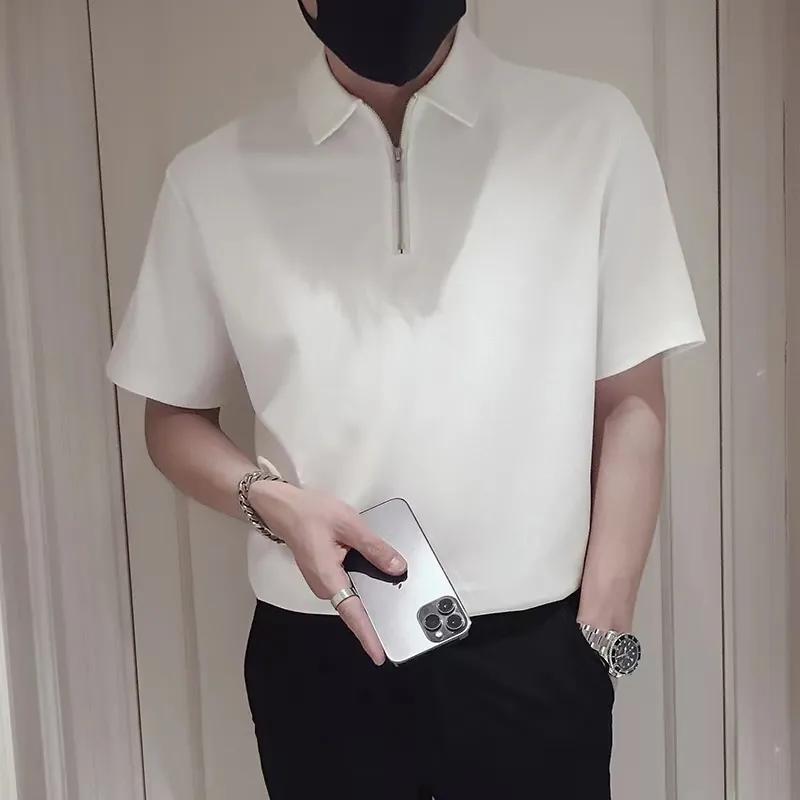 Summer Men's Black Half Zip Polo Shirt Casual Stand Collar