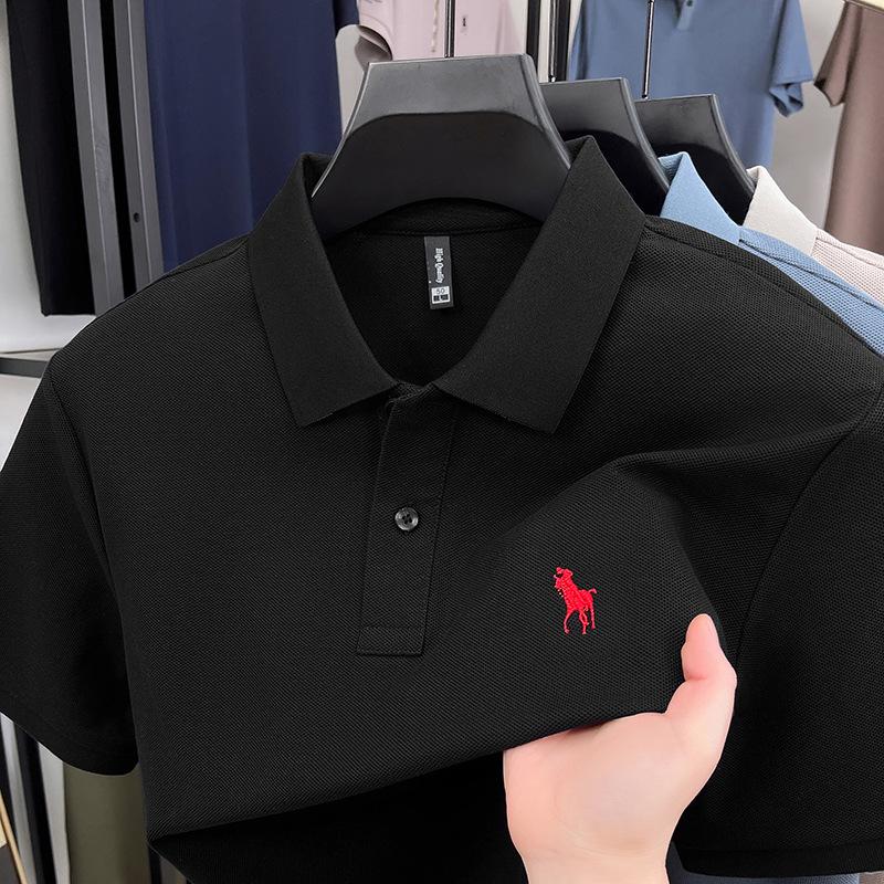Pánské polo tričko s krátkým rukávem z perlové bavlny, luxusní, ležérní, s půl rukávem a vyšívaným logem poníka, klopou